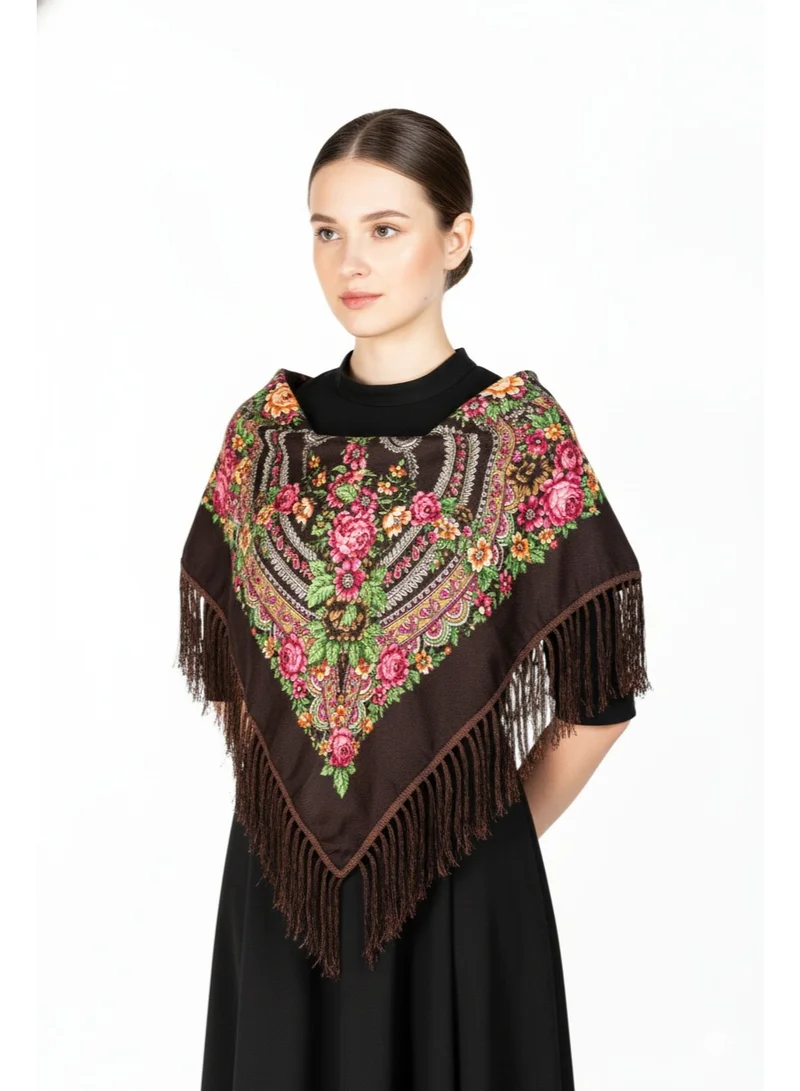 Bidani Heritage Brown Shawl with Fringes – Traditional Russian Print